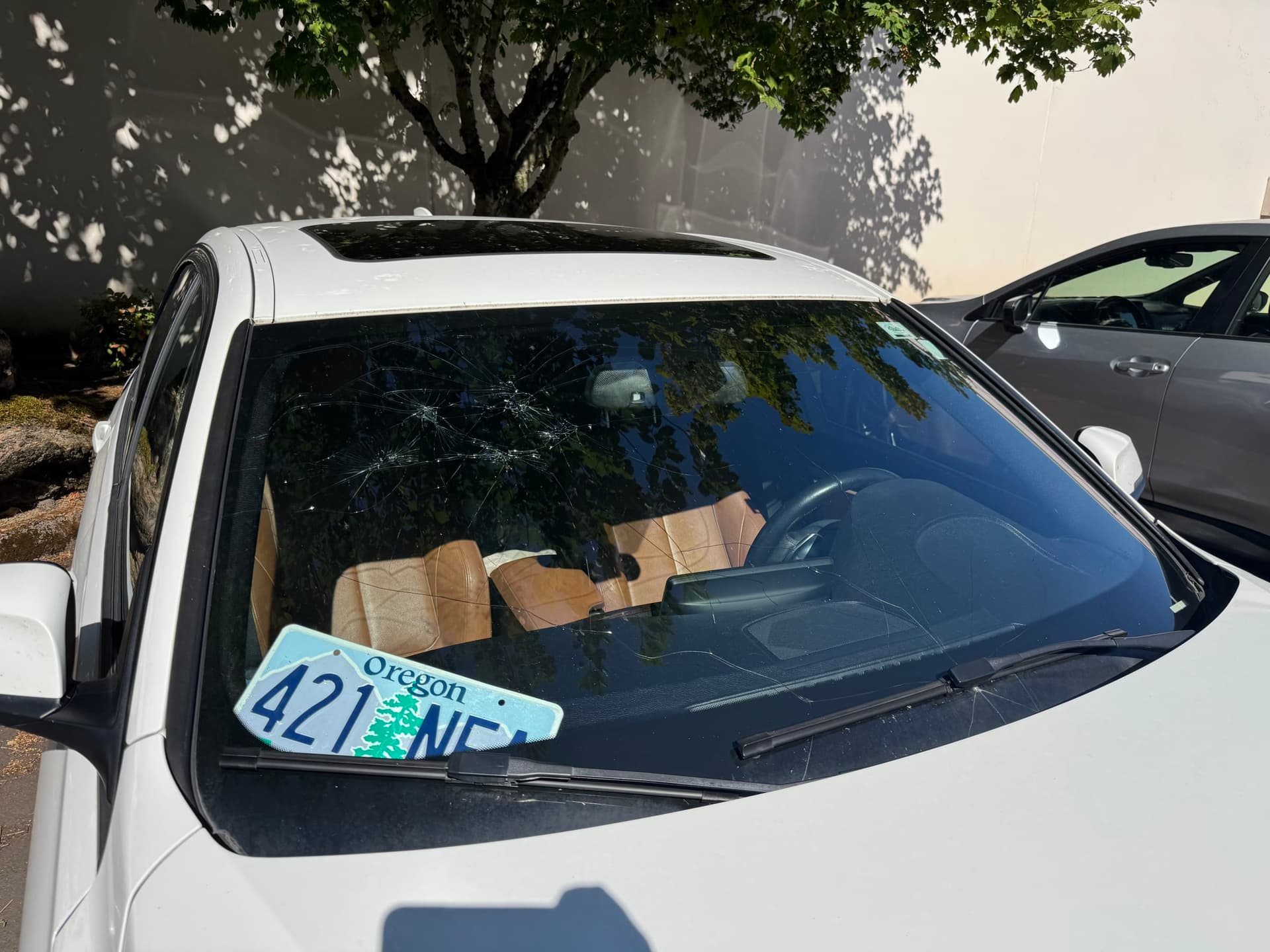 Cracked windshield on a 2013 bmw 382 at intake , with an impact fracture on the passenger side