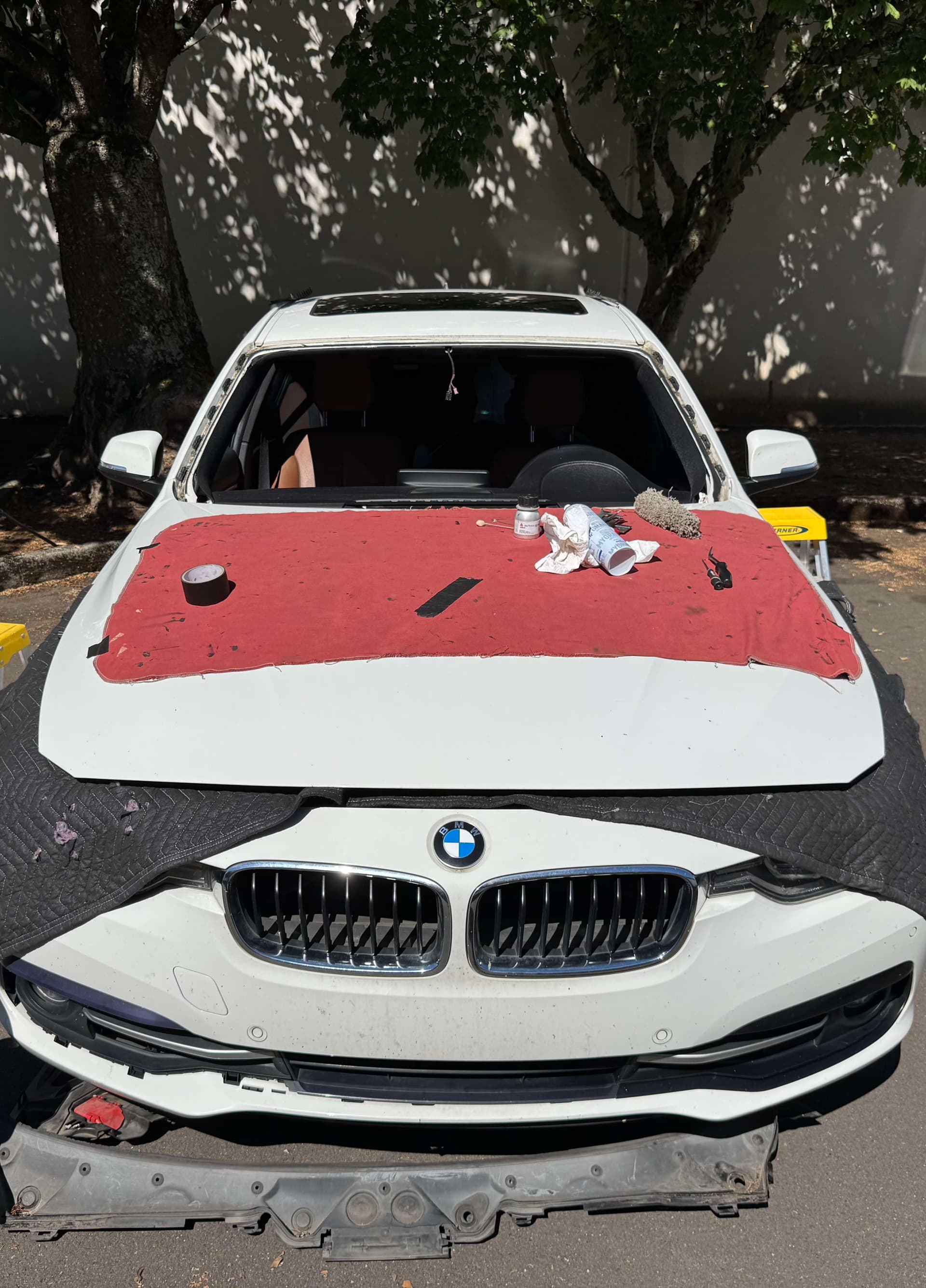 Windshield moldings and wiper cowl removed ready for extraction