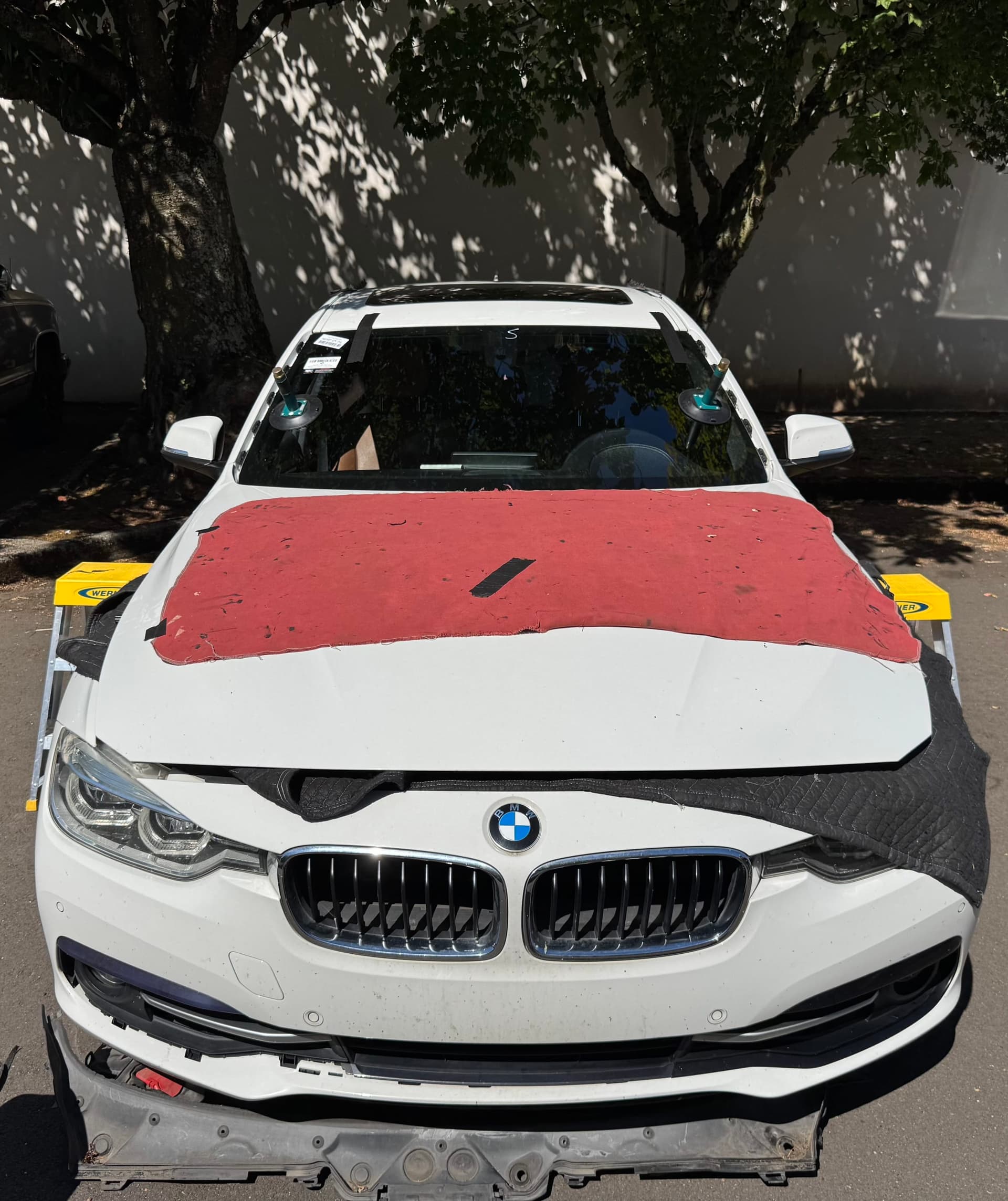 Technician setting a new windshield with a professional tool